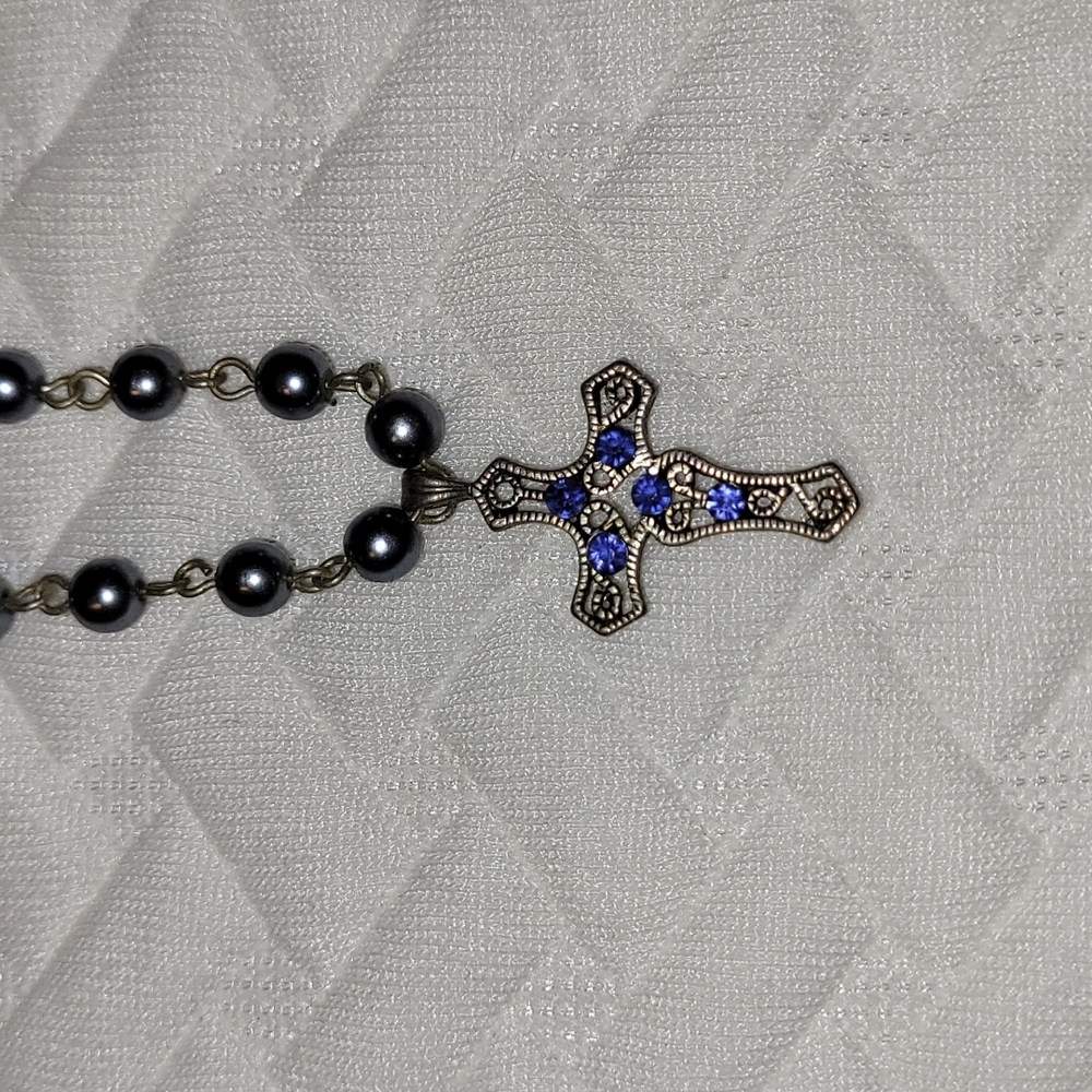SOLD Necklace Blue Rhinestone Cross Faux Pearl Silver Colored Chain
